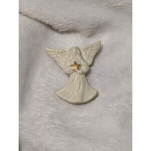 Vintage Signed Lenox Fine Porcelain Angel Brooch Gold Star Guardian Pin
